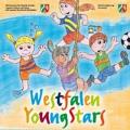 Zeichnerisch abgebildet sind vier Kinder, die unterschiedliche Sportarten ausüben. Im unteren Bereich steht in verschiedenen Farben "Westfalen YoungStars" geschrieben. 
