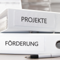 Abgebildet sind ein Kugelschreiber und zwei übereinanderliegende Aktenordner. Der unter Ordner hat die Aufschrift "Förderung" und der obere die Aufschrift "Projekte". 