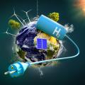Umwelt und Energiegewinnung - Blauer Wasserstoff-Tank auf dem Planeten Erde