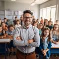 Ein Lehrer steht vor einer Klasse voller Schülerinnen und Schüler. Alle blicken in die Kamera.