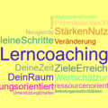 Eine Wortwolke mit Begriffen wie Lerncoaching, Neugierde, Veränderung, DeinRaum u. ä.