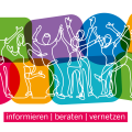 Als Strichzeichnung dargestellte Menschen vor verschiedenfarbigen geometrischen Figuren. Darunter der Text "informieren, beraten, vernetzen".