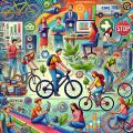 Abgebildet ist ein KI-generiertes Bild, auf dem mehrere fahrradfahrende Personen zu sehen sind. Das Bild ist zudem sehr farbenfroh.